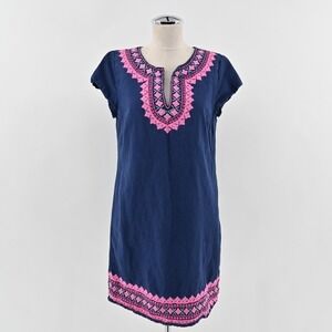 VINEYARD VINES Embroidered Tunic Shift Dress Size 6 Navy Blue‎ Cotton Linen Boho